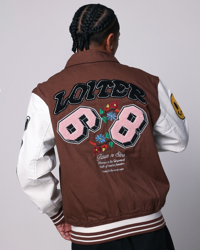 Loiter Flaws Varsity Jacket Brown/Off White  Vintage jacket men, Varsity  jacket, Varsity jacket men