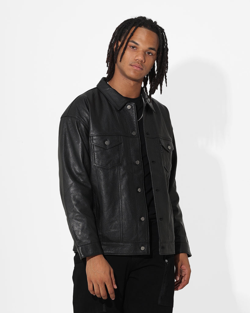 Saint Morta Oversized Leather Trucker Jacket Black | Culture Kings US