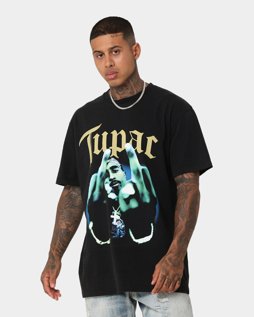 Tupac Middle Finger T-Shirt Washed Black | Culture Kings US