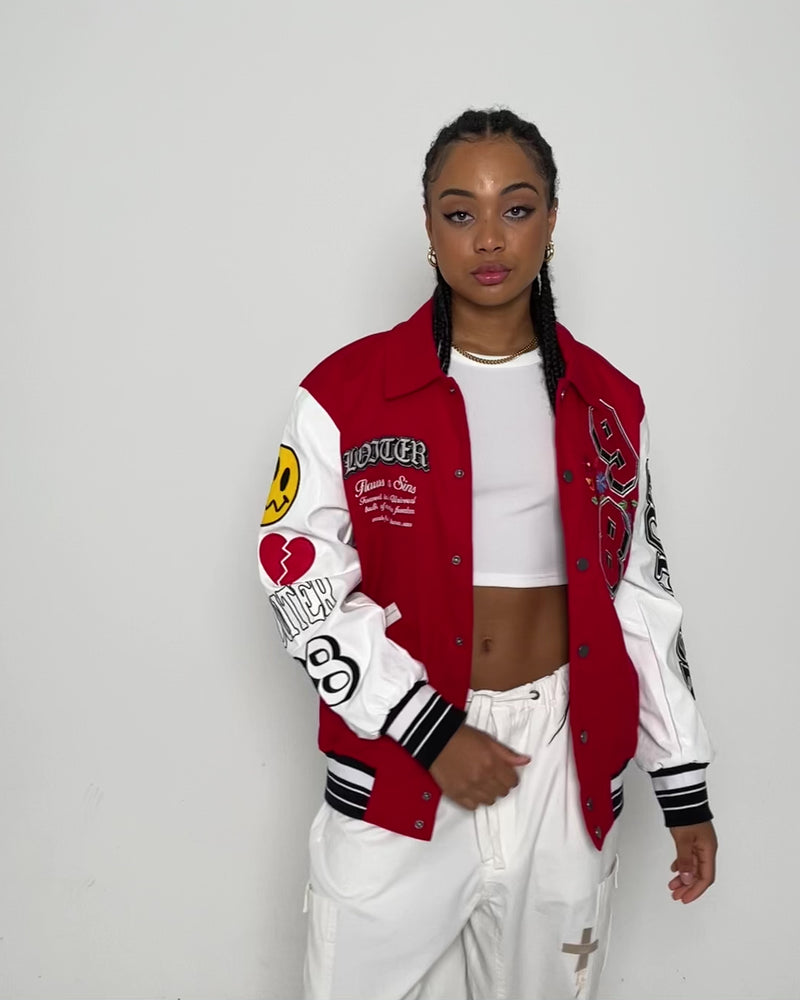 OFF-WHITE Leather Varsity Jacket in Grey & Multi